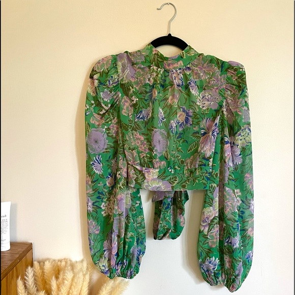 Olivaceous Tops - Olivaceous Vintage Green Floral Blouse-Open Back